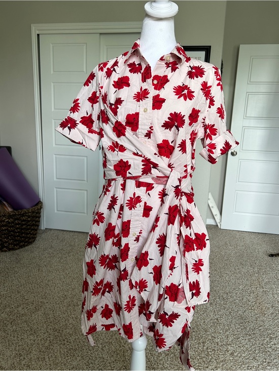 Free Assembly Dresses & Skirts - FREE ASSEMBLY Cotton Mini Shirt Dress Crossover Tie Detail Pink, Red Flowers | M